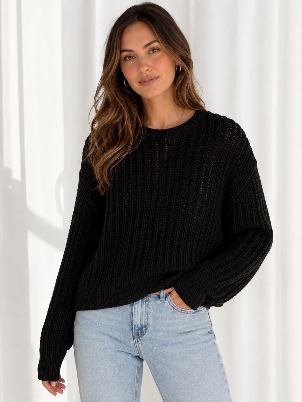 Wilfred Free by Aritzia Open Knit Cotton Sweater – Black – Size Small